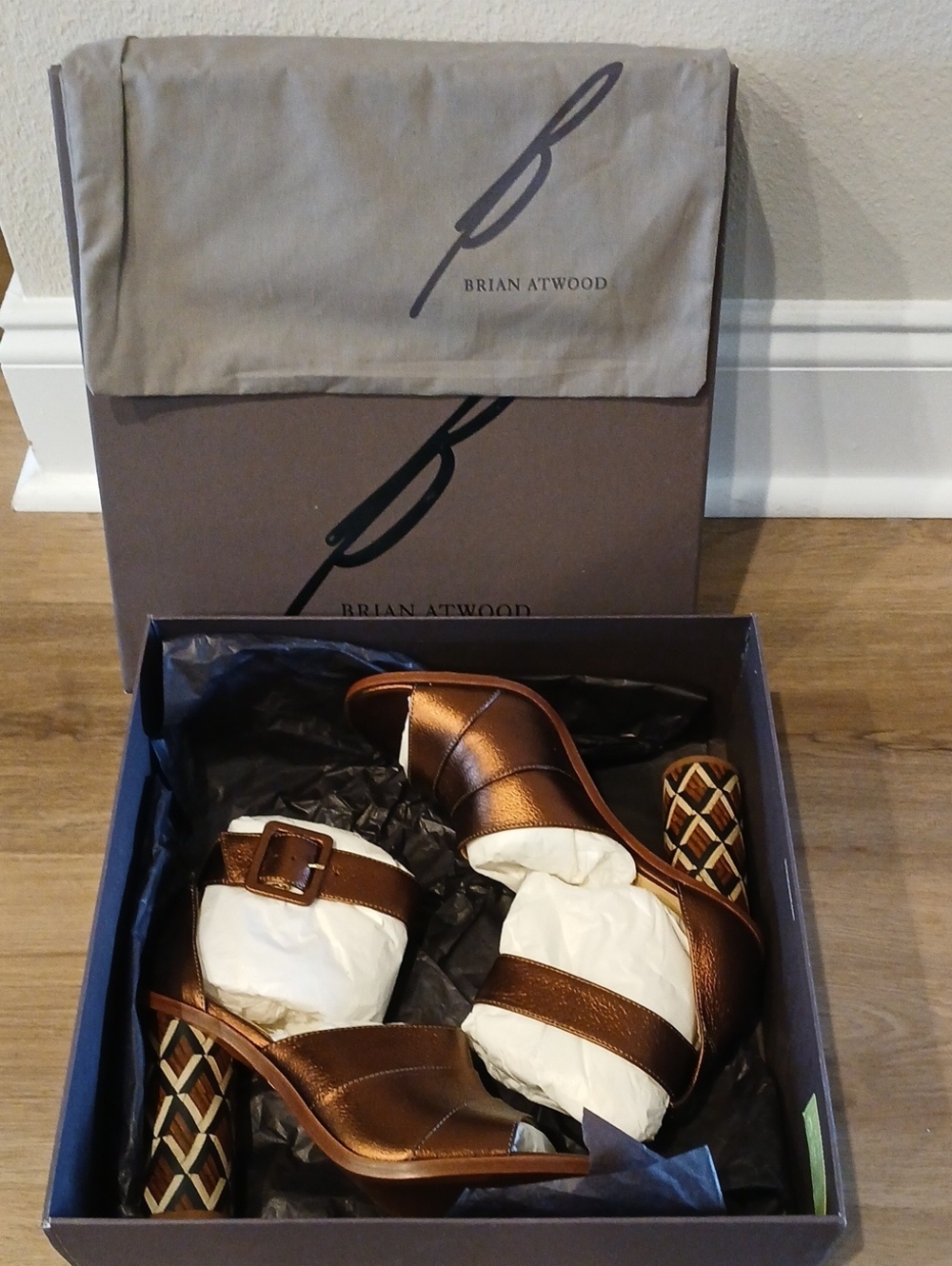 Brian Atwood Bronze LEA  BRADY Metallic Leather Woven-Block Heel Sandals